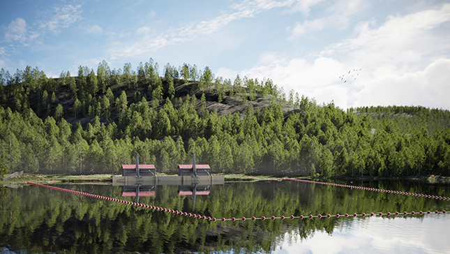 Pumppuvoimalaitoksen allas ja padon rakenteet metsäisen rinteen edessä